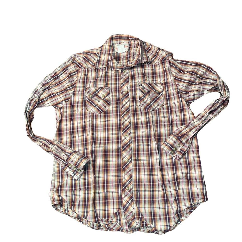 Vintage Wrangler Pearl Snap Plaid Tan Red Gold Western Cowboy Shirt Mens XLT